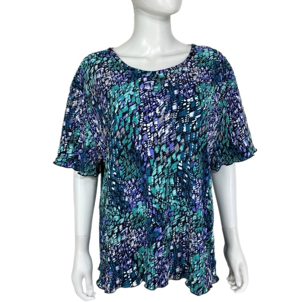 Blouseworks by Venture III Green Lavender Print Design Office Blouse